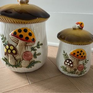 1980s Merry Mushroom Ceramic Canisters Sears Roebuck Japan Set 2 Jars & Lids